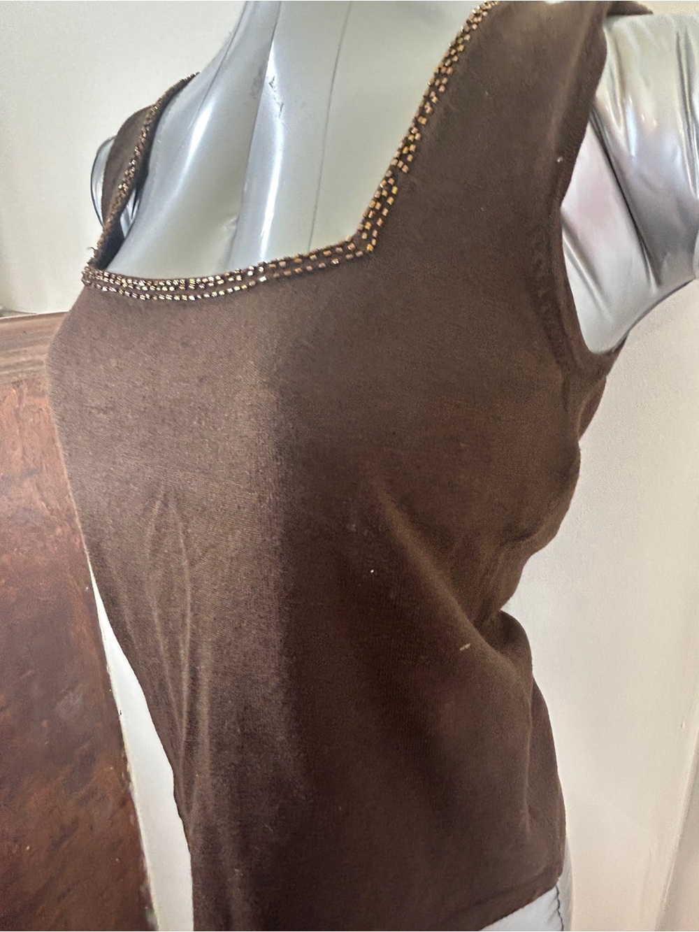 Willi Smith Brown Beaded Square-Neck Tank Top View 3